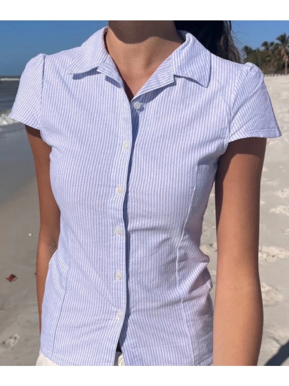 Brandy Melville Rue Striped Top Light Blue Pinstripe Button up Collared Cotton